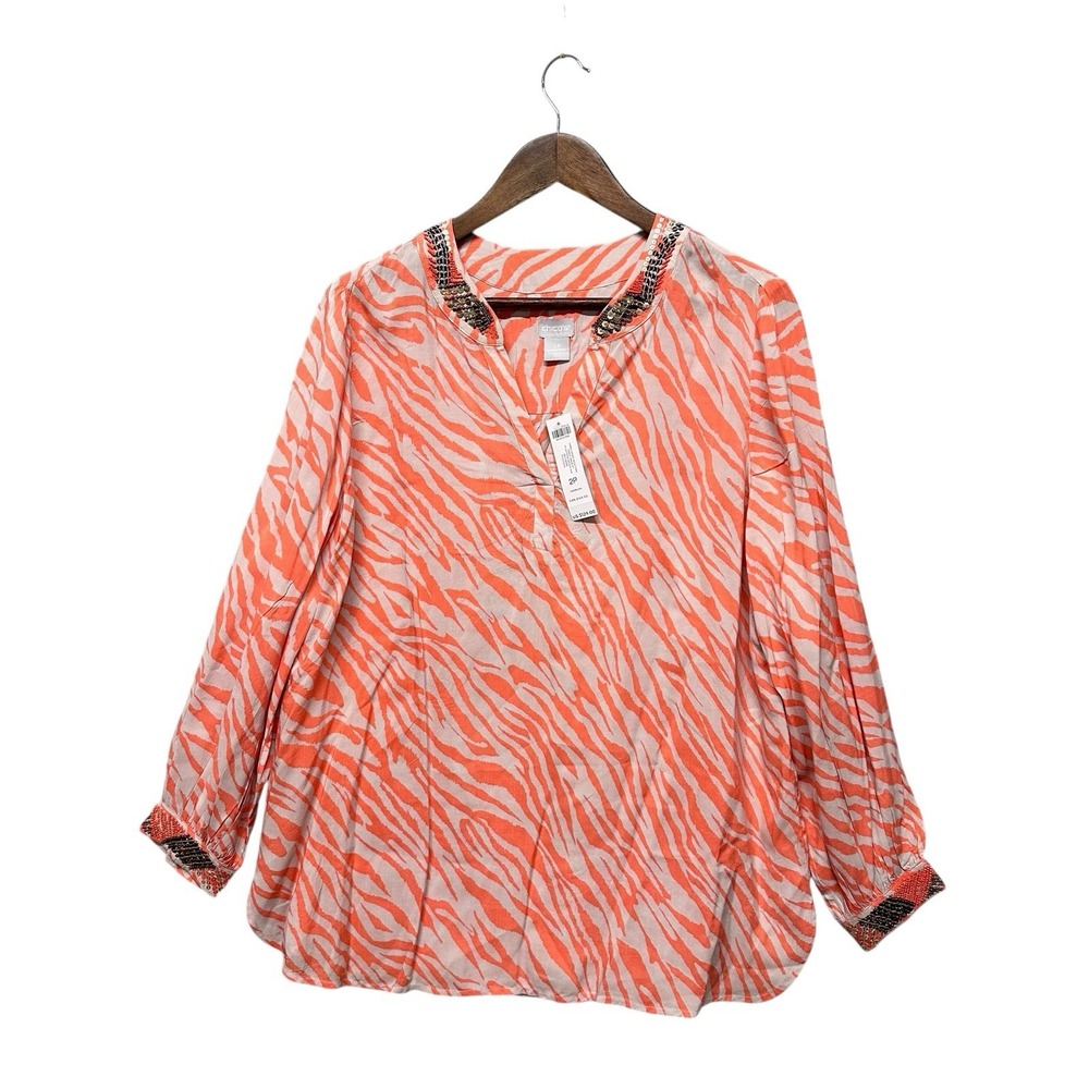 Chico's Women Tunic Blouse Top Size US 12-14 Pet Zebra Print V Neck Beaded $129
